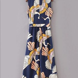 Crane print wide leg jump suit